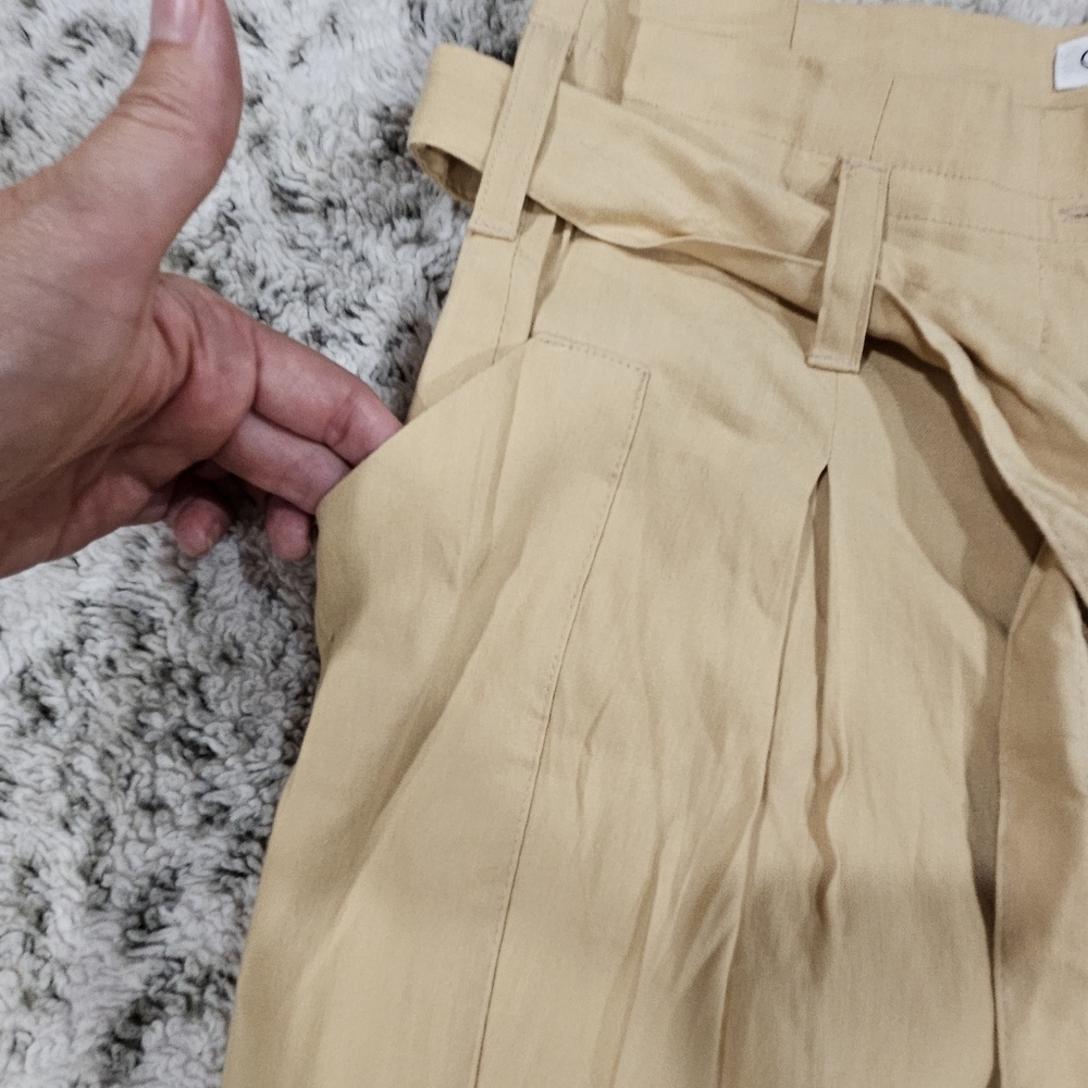 Calvin Klein SZ 4 Tan Belted Paperbag Pleated Linen Blend Pant Utility Pockets - Picture 9 of 12